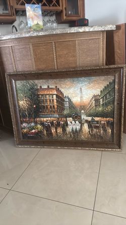 Large 42” × 30” Hand-Painted Paris Street Scene – Ornate Framed Artwork