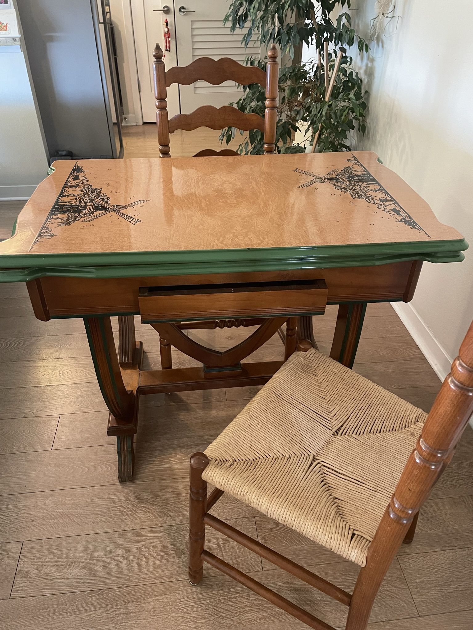 Vintage 1934 Enamel Top Ugo Mochi Table & Two Tell City Chairs