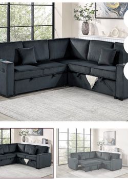 $550.  Sectional Pull Out Bed With Storage USB Cup Holder Available,I Ivory,Dark Gray,Corduroy