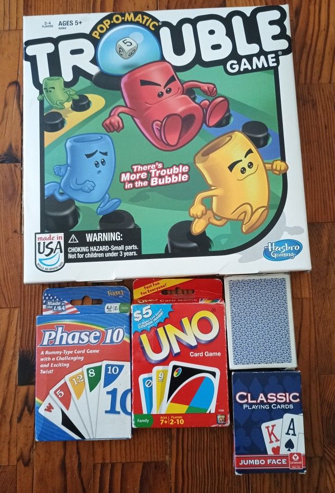 Game Package With Trouble, Phase 10, Uno And Playing Cards