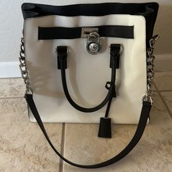 Michael Kors Hamilton Optic Black White Leather Satchel Purse