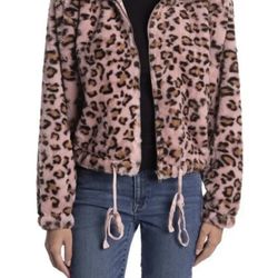 VICTORIAS SECRET PINK KNOW ONE CARES LEOPARD PRINT FAUX FUR SEMI CROPPED JACKET