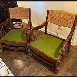 Two Antique Cherry & Wicker Chair Set