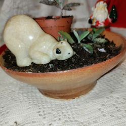 Stone Polar Bear And Double Pot Houseplant