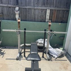 Squat Rack + Bench + Barbell + Weight Plates Set 