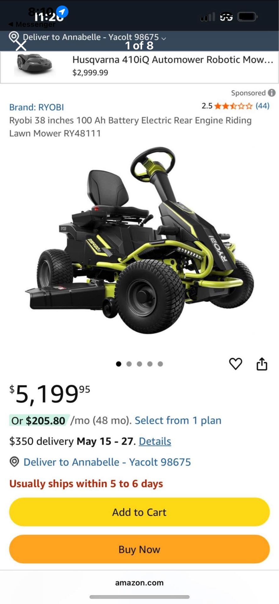 Ryobi 38 inches 100 Ah Battery Electric Rear Engine Riding Lawn Mower.