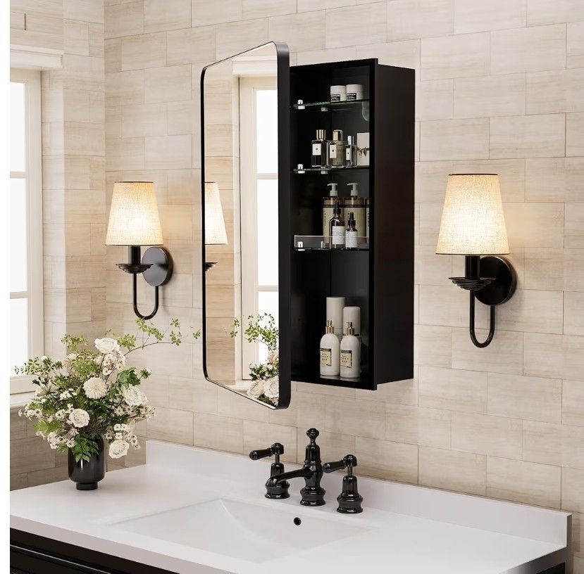 NIB Black Medicine Cabinet for Bathroom with Mirror - 16 x 24 Inch Recessed or Surface Wall Mount Mirrored Vanity Cabinet with Adjustable Storage Shel