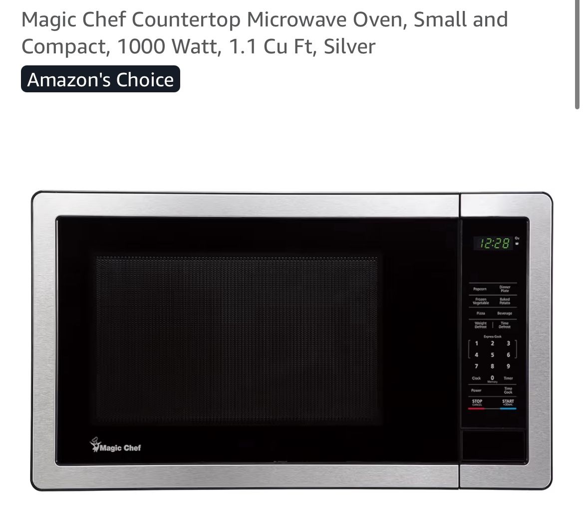 Magic Chef Countertop Microwave Oven, Small and Compact, 1000 Watt, 1.1 Cu Ft, Silver
