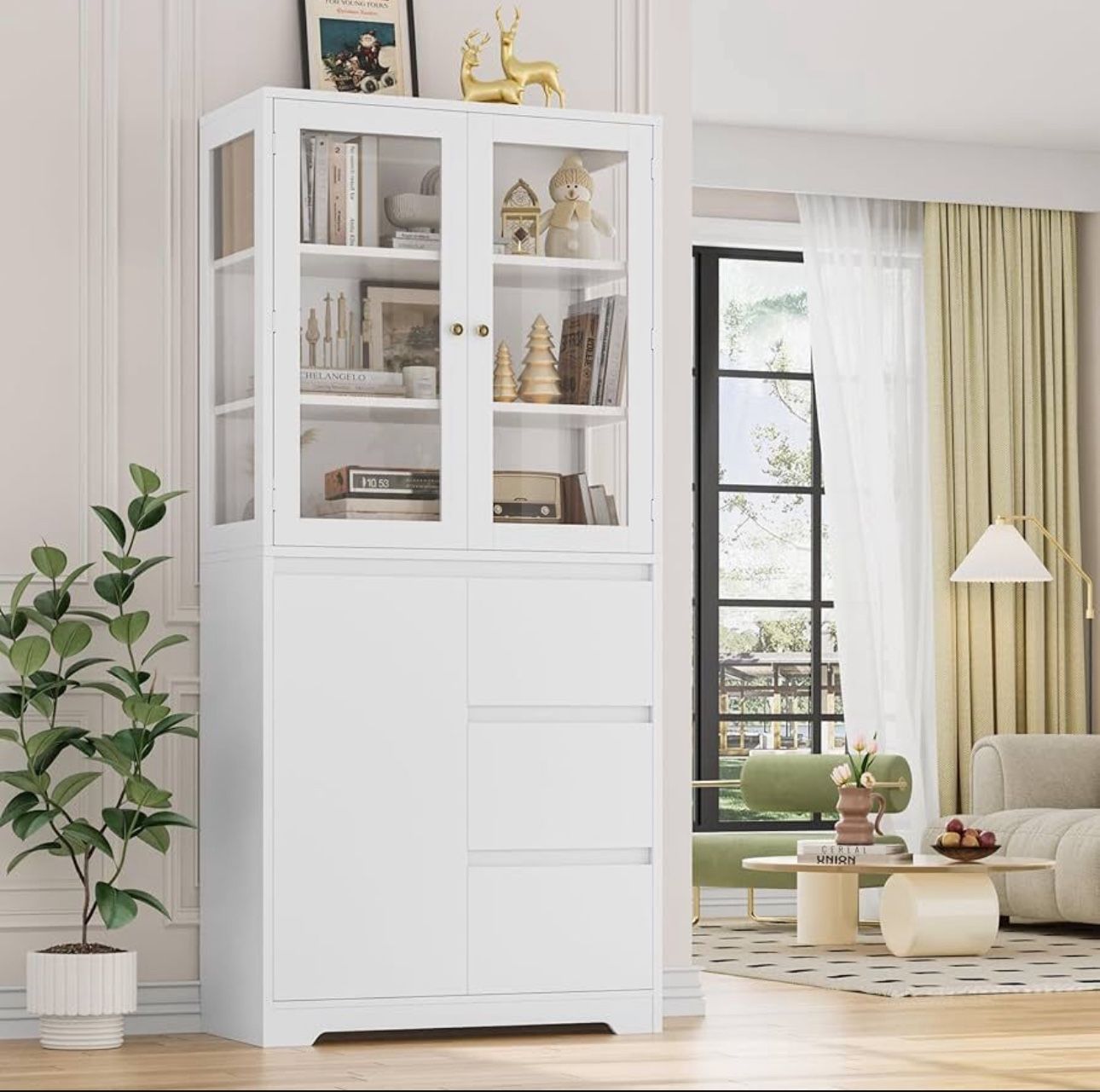 71" Large Bookcase with Glass Display Cabinet and 3 Tier Wide Book Shelves, Tall Bookshelf with 3 Storage Drawers, China Cabinet with Glass Doors for