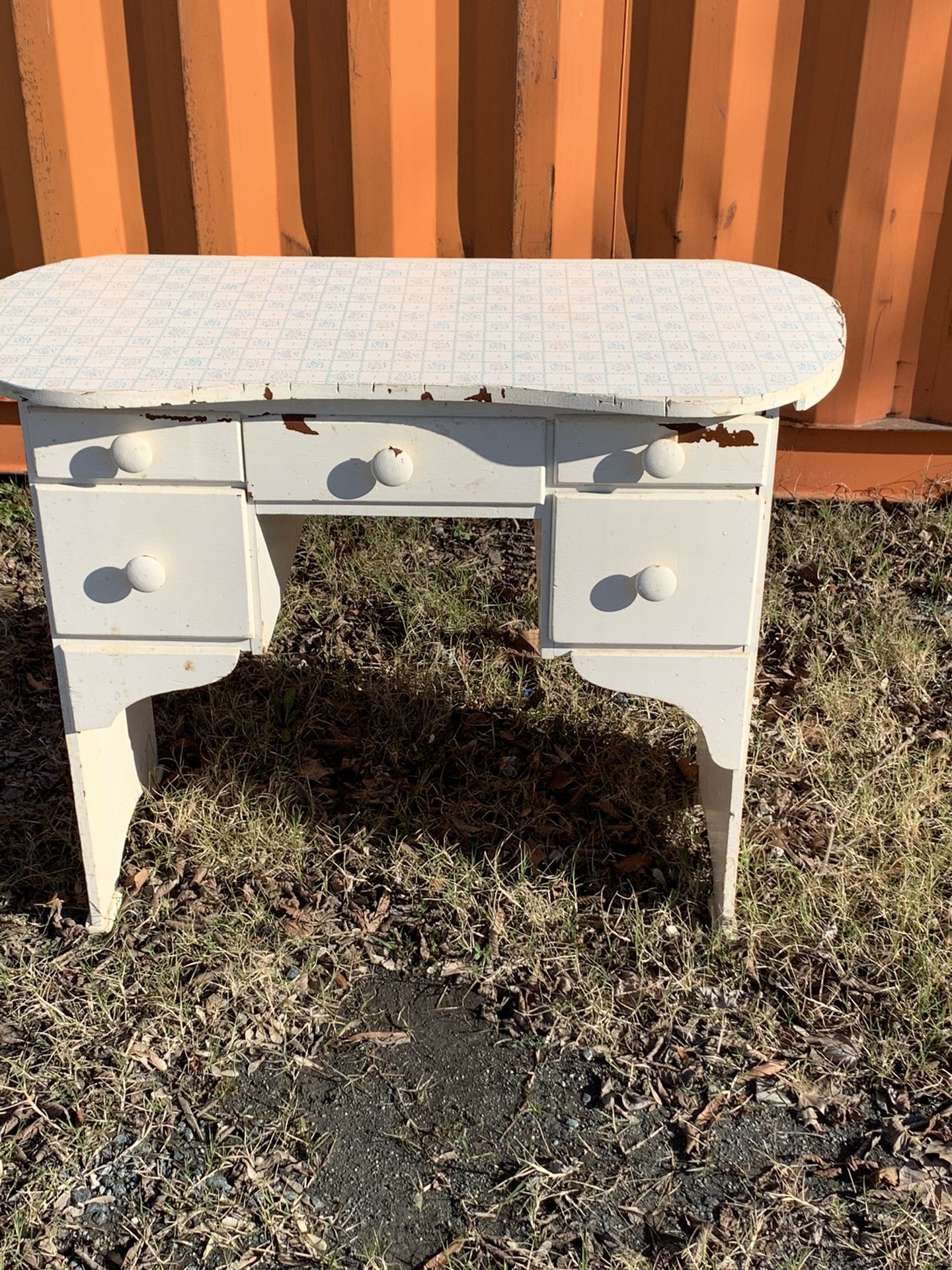 Vintage Kidney White Vanity Desk W/ Five Drawers And Electrical Switch