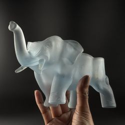 Vintage Tiara Satin/Frosted Blue Elephant Glass Candy Dish, Small Planter