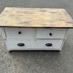 Distressed White 4-Drawer Dresser / Nightstand on Wheels – Wood Top