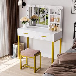 Vanity Desk 39.4W with Mirror LED Drawers 