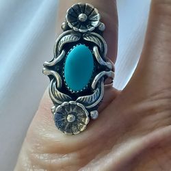 Vtg.Native Sterling Silver Desert Flower & Turquoise Pinky Ring- Sz3.75