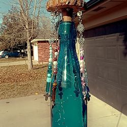 Handmade Beaded Turquoise Glass Bottle Wind-chime 