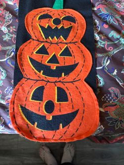 Super Cute Vintage Handmade Halloween Pumpkin and Spider Table Runner 60” Handmade felt Halloween decoration is black with orange pumpkin appliques