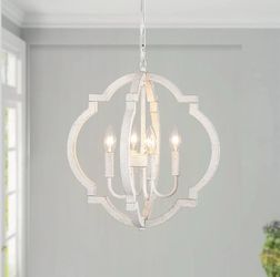 16.3" Vintage Farmhouse Wood Chandelier, 4-Light Distressed White Rustic Globe Pendant