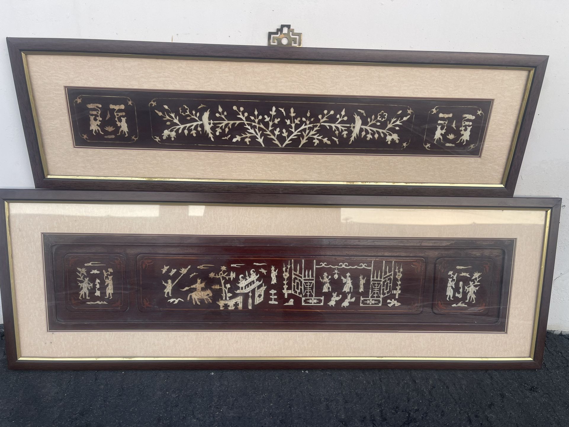 Two Rare Antique Chinese Wood Door Panel with Bone & Wood Carved Inlays Cultural Scenes in Wooden framed