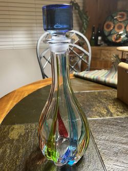MURANO Made In Italy Glass CC ZENCCHIN Style, CRISTAL DECANTER Blue Cobalt stopper. Vintage 12- 1/2” Tall