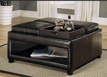 Brown Leather Traditional Cocktail Ottoman w/Open Base Storage