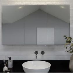 Croydex 48 in. W x 30 in. H x 5-1/4 in. D Frameless Tri-View Surface-Mount Medicine Cabinet with Easy Hang System in White=Pal-14