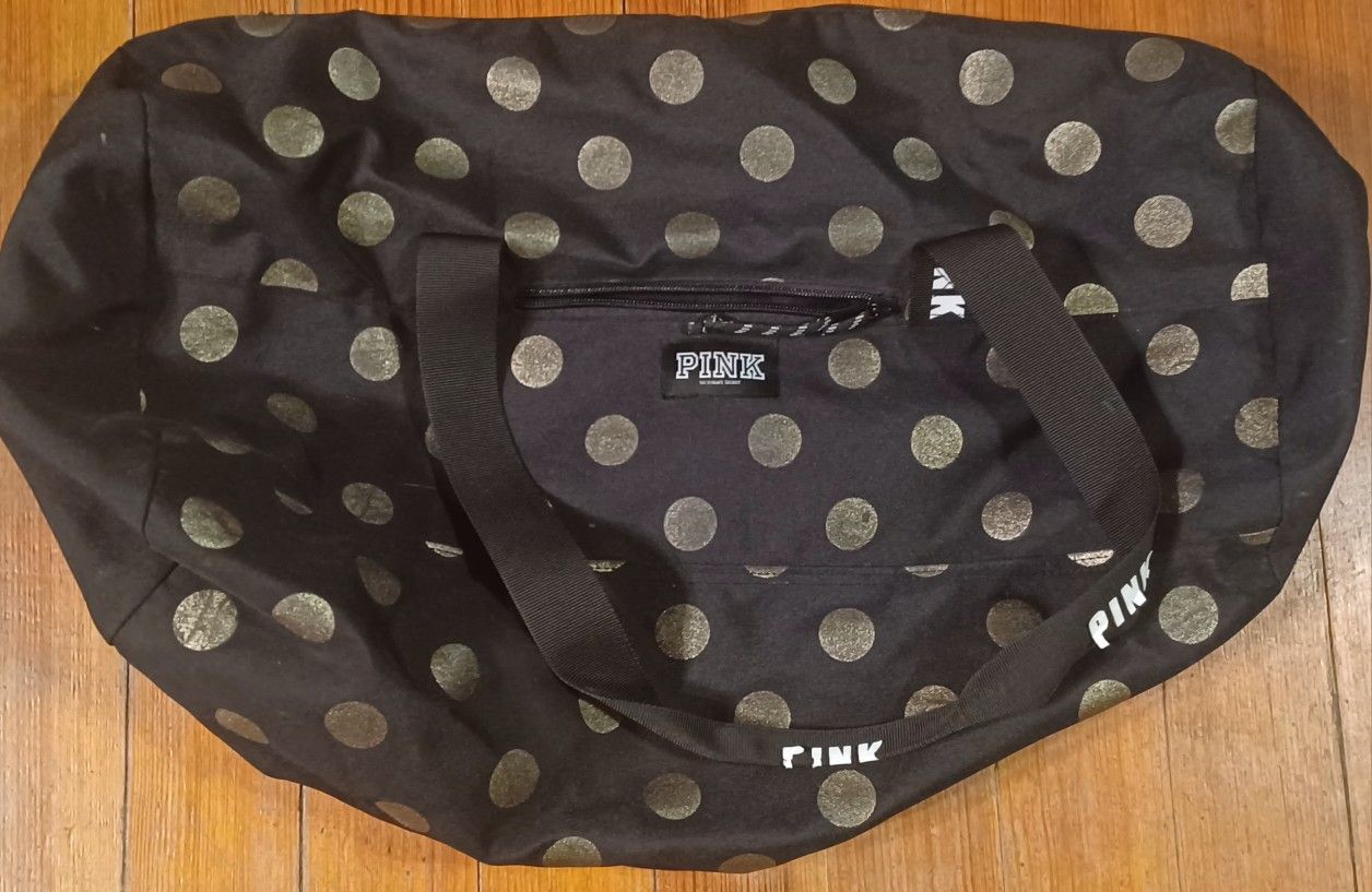 Pink Victoria Secret Duffel Bag Black Gold Polka Dot Strap Pocket