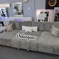 ✅️✅️3 pc Smoke grey corduroy fabric sectional sofa with double storage chaise and pop up sleep area in center✅️✅️