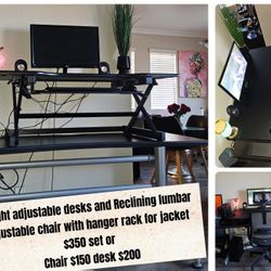 Height adjustable desk converter and reclining lumbar adjustable office chair with hanger rack