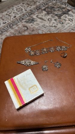 Art Deco sterling necklace,earrings, ring, and pin w box
