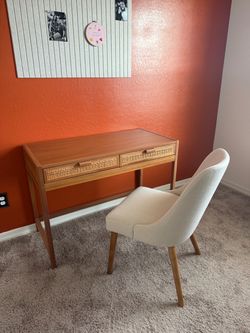 Mid-Century Wood Desk with Rattan Drawers and Chair set