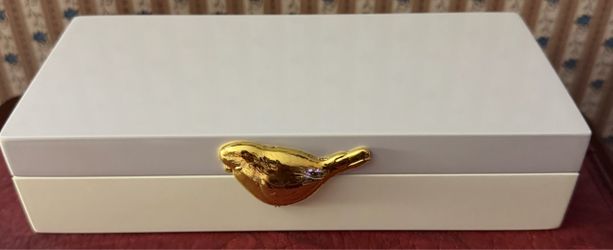 White & Beige Jewelry Box with Gold-Tone Bird Clasp