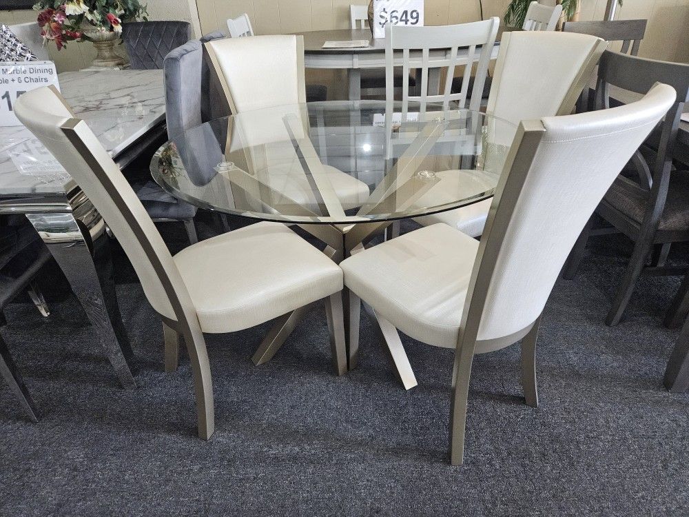 Brand New 48" Glass Round Dining Table + 4 Cream Faux Leather Chairs