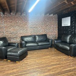 Delivery available Thomasville leather black sofa/couch, loveseat, + chair w ottoman