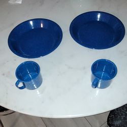 Blue Speckled Enameled Cups And Plates.