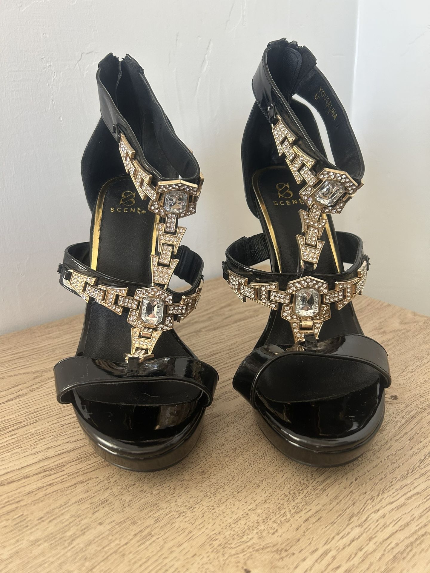 Crystal Rhinestone Black Heels Size 8