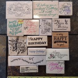 Lot of 15 Stampin Up Wooden Rubber Happy Birthday Greetings Stamps