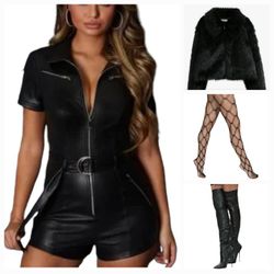 Ready For Pickup New Size Small Combo Outfit Pu Leather Romper + Faux Fur Jacket +Black Boots 