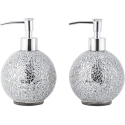 TWO Crushed Mirror Glass Mosaic Round Soap Dispenser Set- Silver Chrome