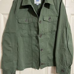 Women’s Old Navy Button Up Army Green Denim Swing Utility Jacket Size Medium 