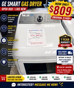 🔥 GE Smart Gas Dryer – $809 Open Box Never Used | 1 Year Warranty