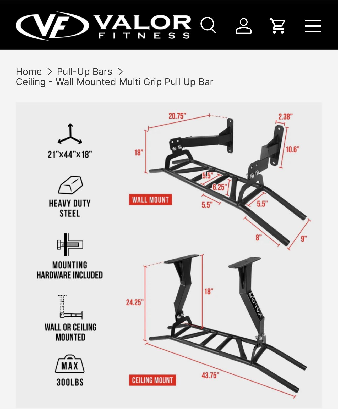 Valor Fitness Pull Up Bar - Wall Or Ceiling Mounted