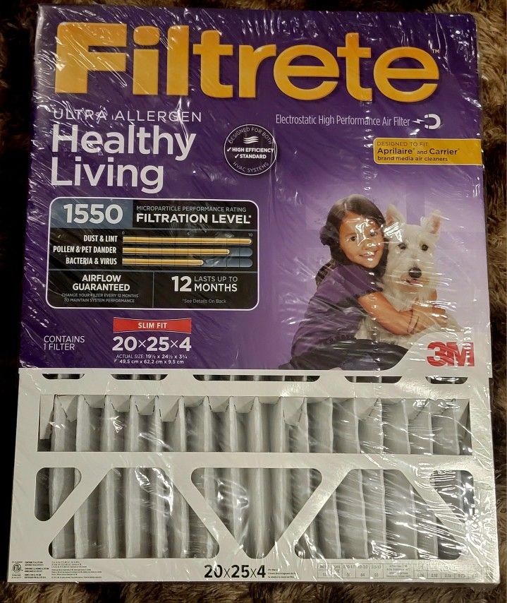 3M Filtrete 1550 Ultra Allergen Healthy Living Pleat Filter 20X25X4 New