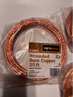 New 25-ft coil of Cerrowire 6 AWG stranded bare copper grounding wire.