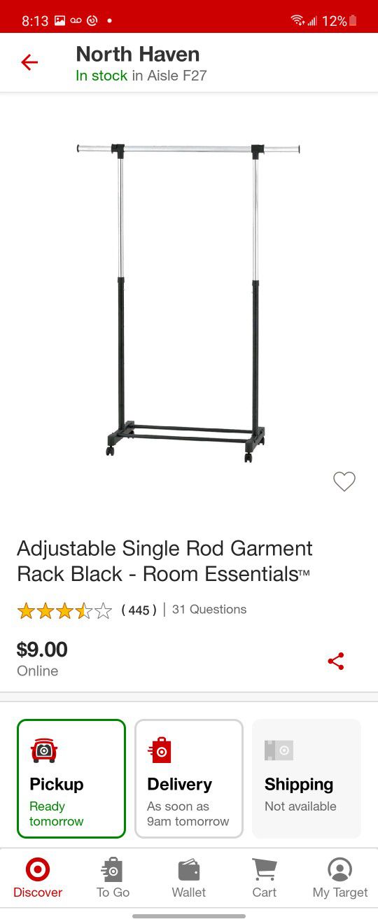 Room Essentials Adjustable Single Rod Garment Rack, Black