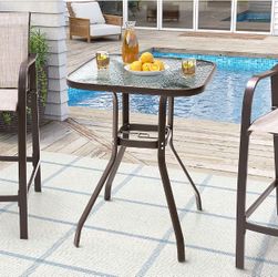Glass Top Aluminum Patio Coffee Bistro Square Outdoor Bar height Table with Umbrella Hole
