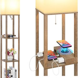 Modern Shelf Floor Lamp with Wireless Charger & Fast Charging USB Ports & Type C Port & 2 Power Outlets, 3 Tier Storage Lamp for Bedroom (Wood)