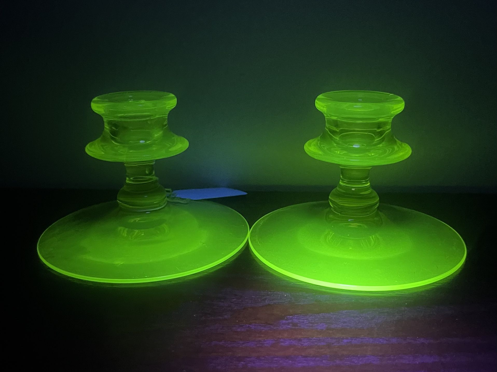 DUNCAN MILLER Yellow Uranium Glass Canterbury Candleholders Set (2)