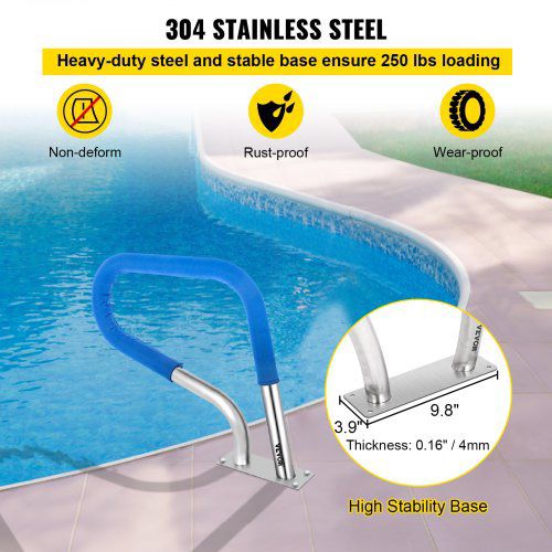 VEVOR Pool Rail 30x22 Pool Railing 304 Stainless Steel 250LBS Load Capacity Silver Rustproof Pool Handrail Humanized Swimming Pool Handrail with Blue 