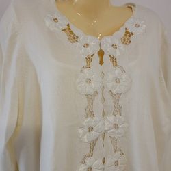 Susan Graver Studio Twin Set Sweater Plus Size 1X Creme Satin Flower Trin Cut Out