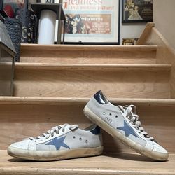 Men’s Golden Goose Super-Star Sneakers (Off-white/Steel Blue/Navy)